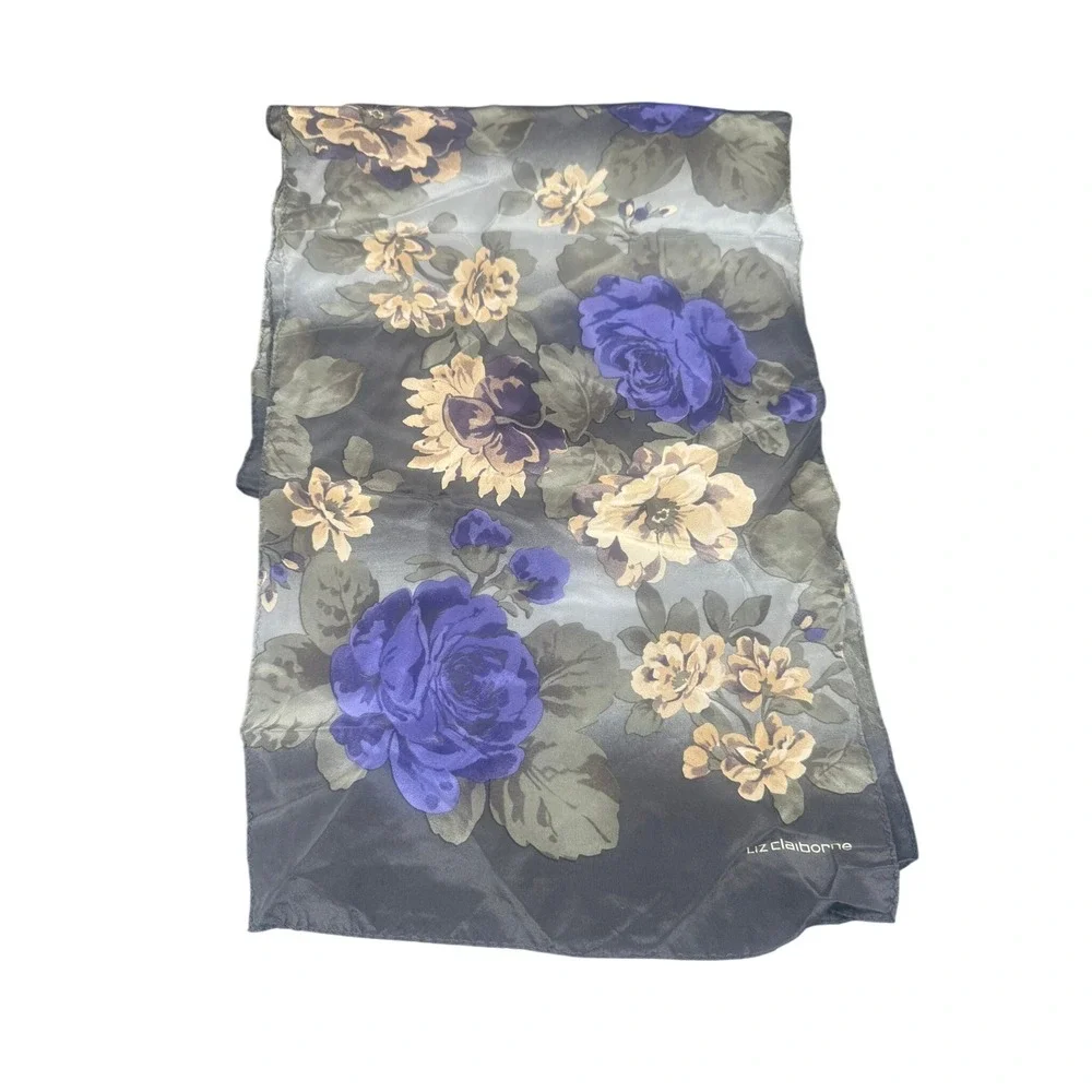 Vintage Liz Claiborne Scarf Grey Purple Floral Rose Oblong Lightweight 54in